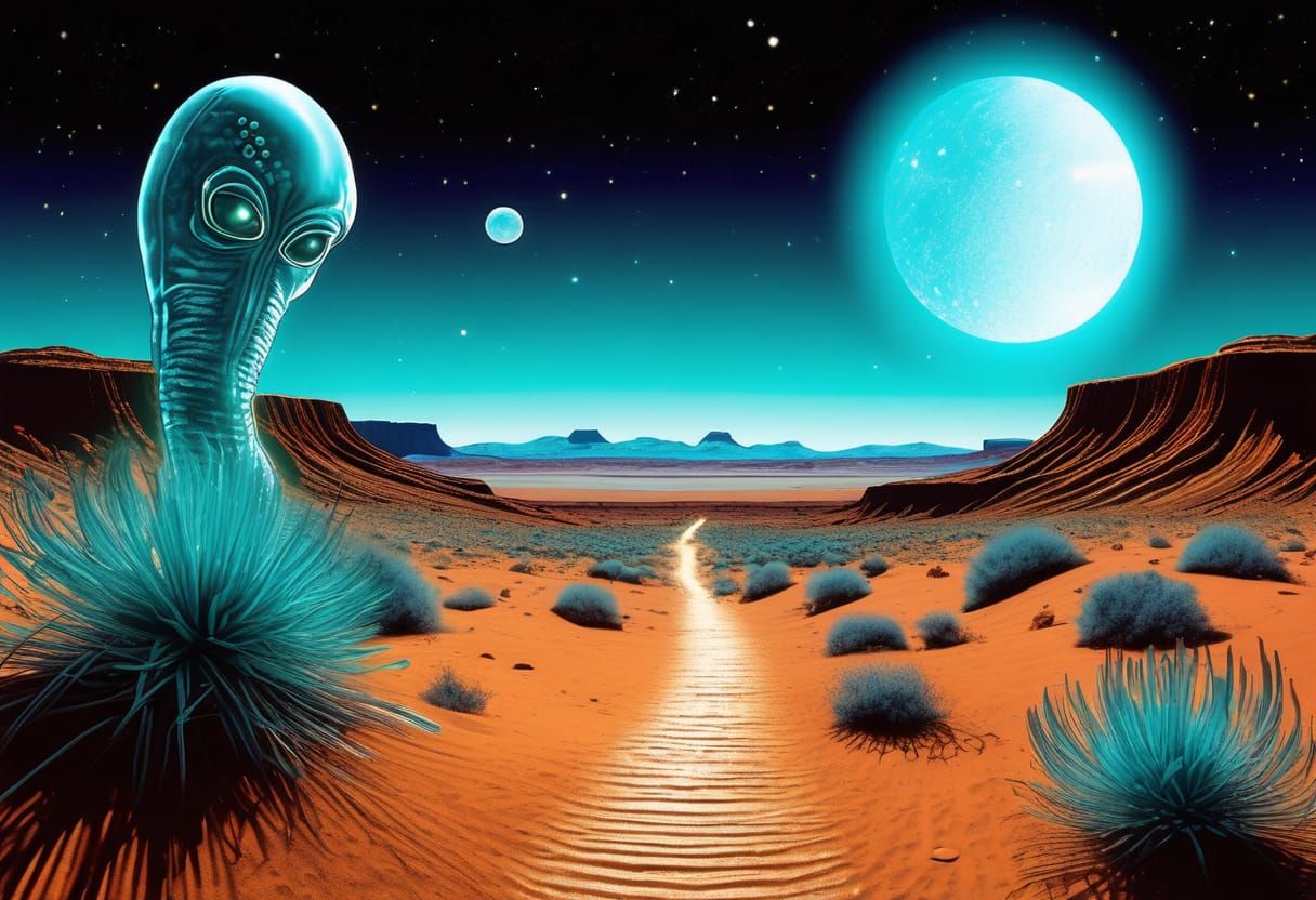 Alien Family Moment Captured in Futuristic Desert Landscape