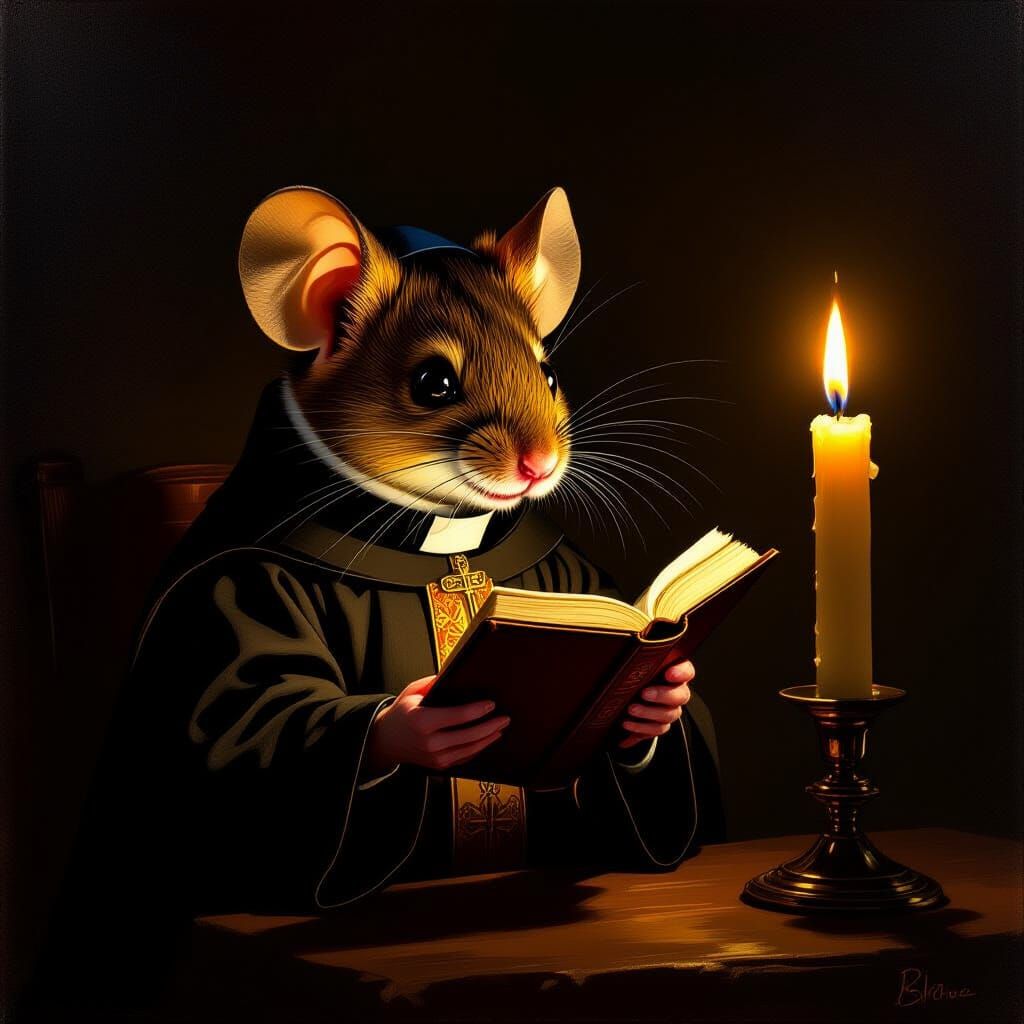 Mouse Priest in Dramatic Candlelight Oil Painting