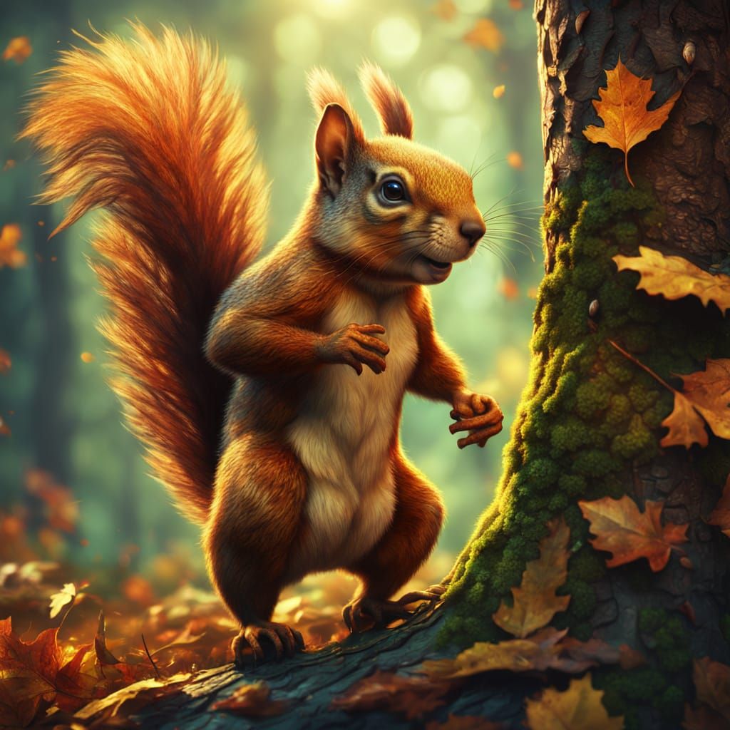 Squirrel Man in Forest, Vibrant Oil Painting