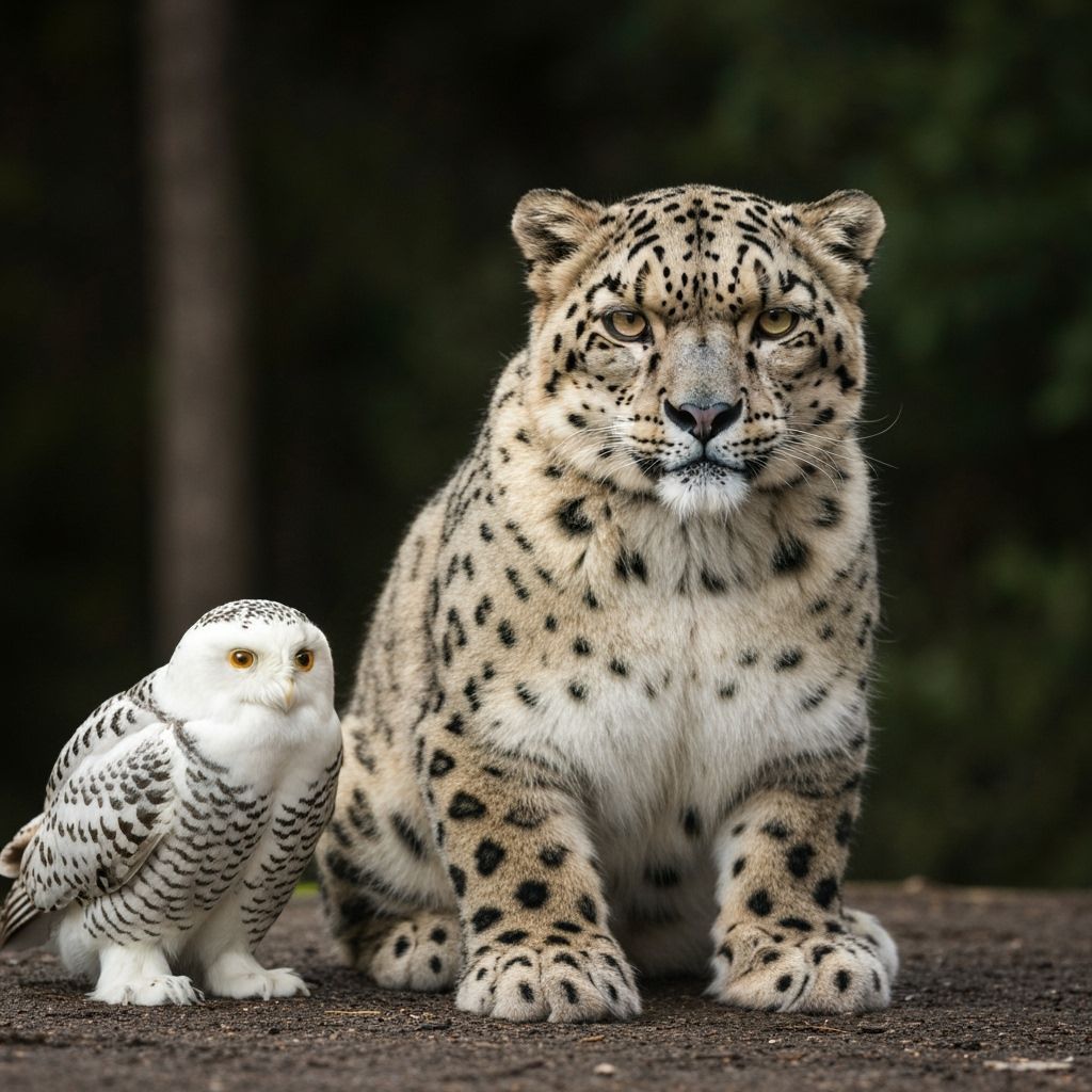 Snow Leopard and Snowy Owl in Winter