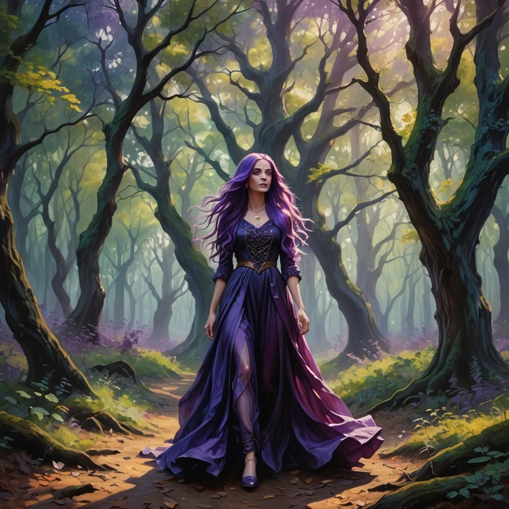 Mysterious Purple Girl in Oak Forest: Fantasy Art