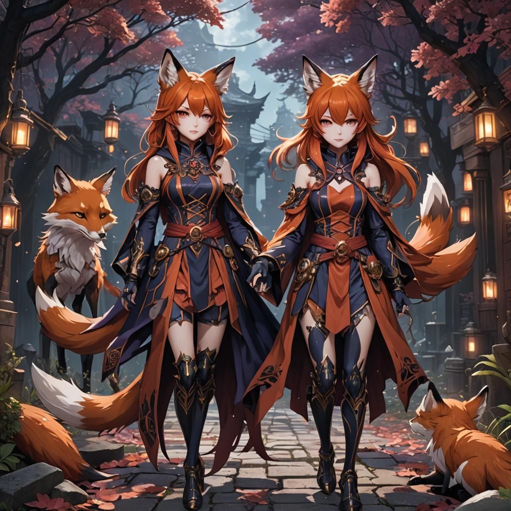 Psychic Anime Fox Girl Twins in Detailed Digital Art