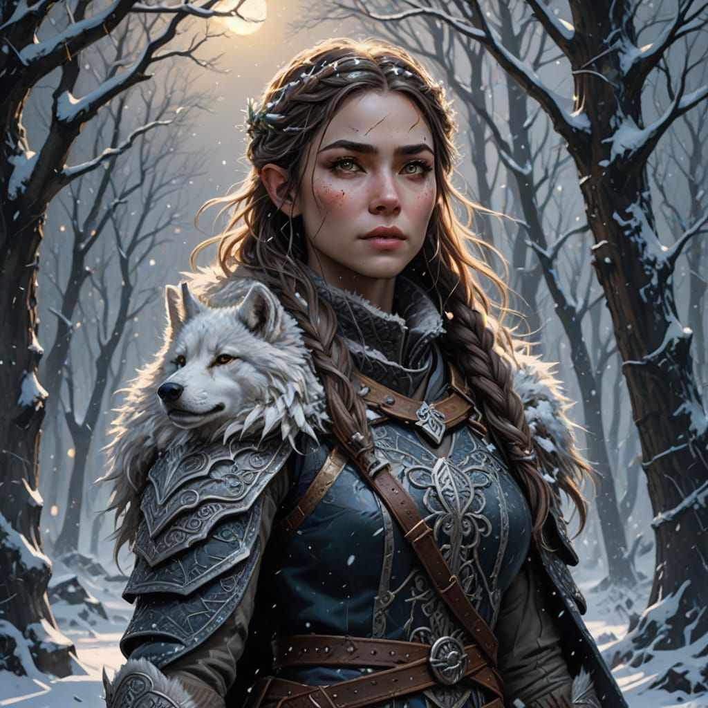 Elven Warrior Girl Portrait in Winter Blizzard