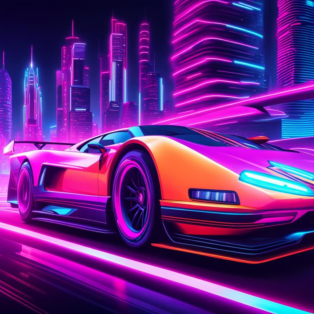 Race Car Speeding Through Cyberpunk City in Synthwave Style