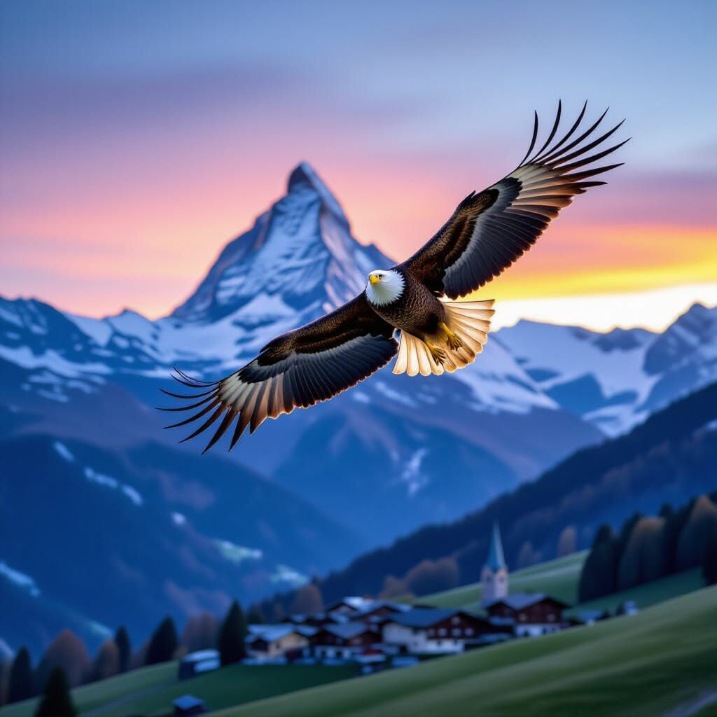 Majestic Eagle Soars Over Swiss Alps At Sunset