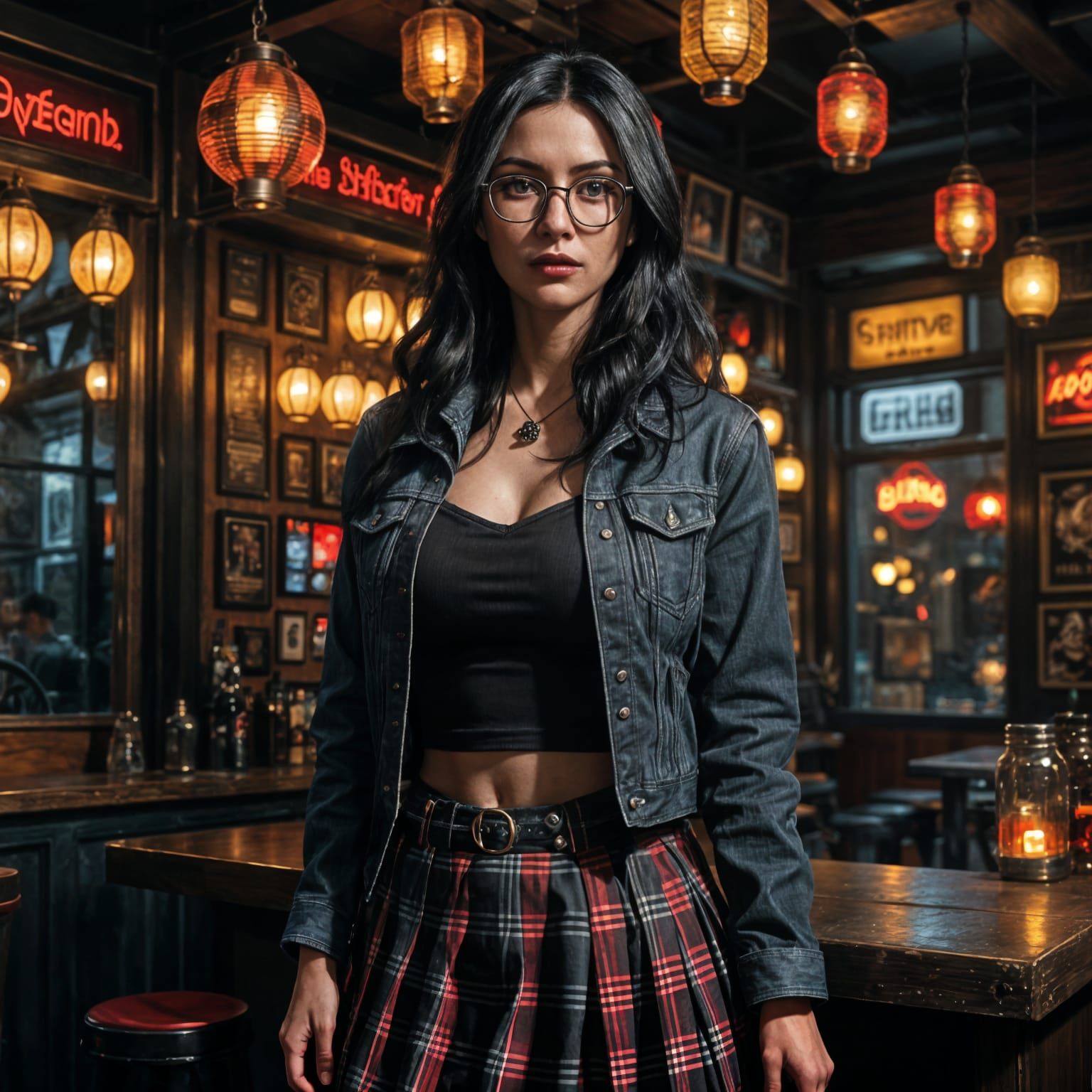 Goth Woman Portrait in Bar with Denim Jacket