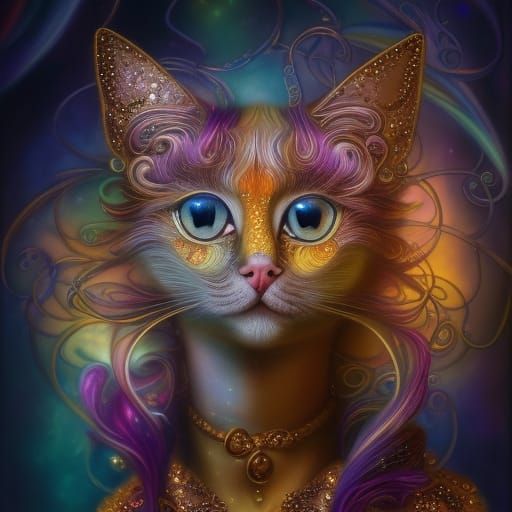 Glittering Fractal Siamese Cat in Digital Oil Painting
