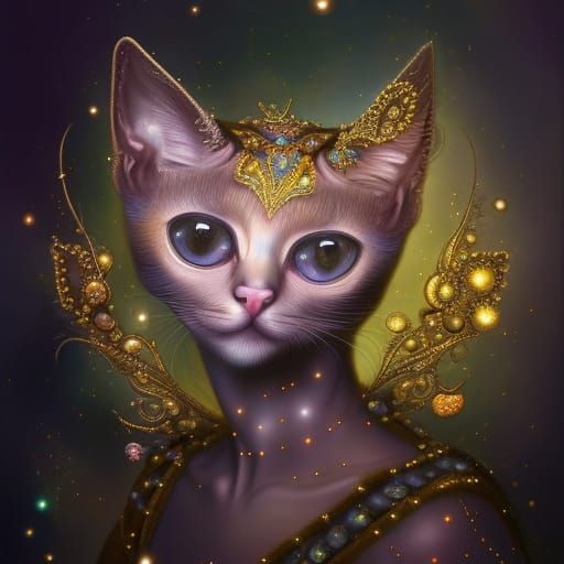 Glittering Siamese Cat Fractal Art in Digital Oil