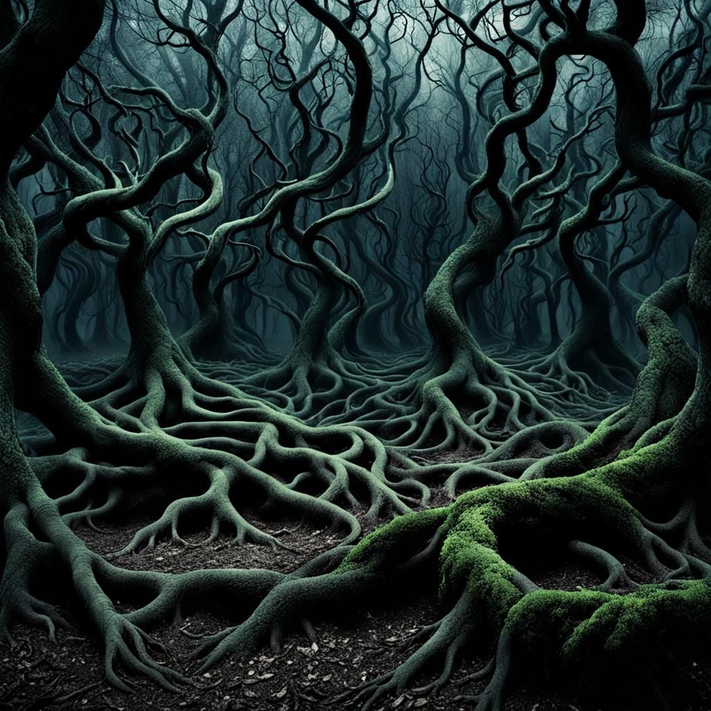 Nightmarish Labyrinth: Dark Surrealism Forest in Eerie Light