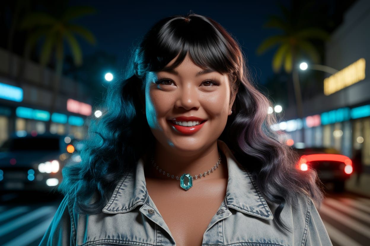 Hawaiian Woman in 80s Denim, Tropical Night