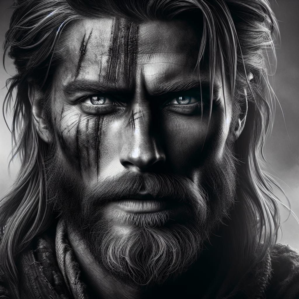 Grayscale Viking Warrior Portrait with Blue Eyes