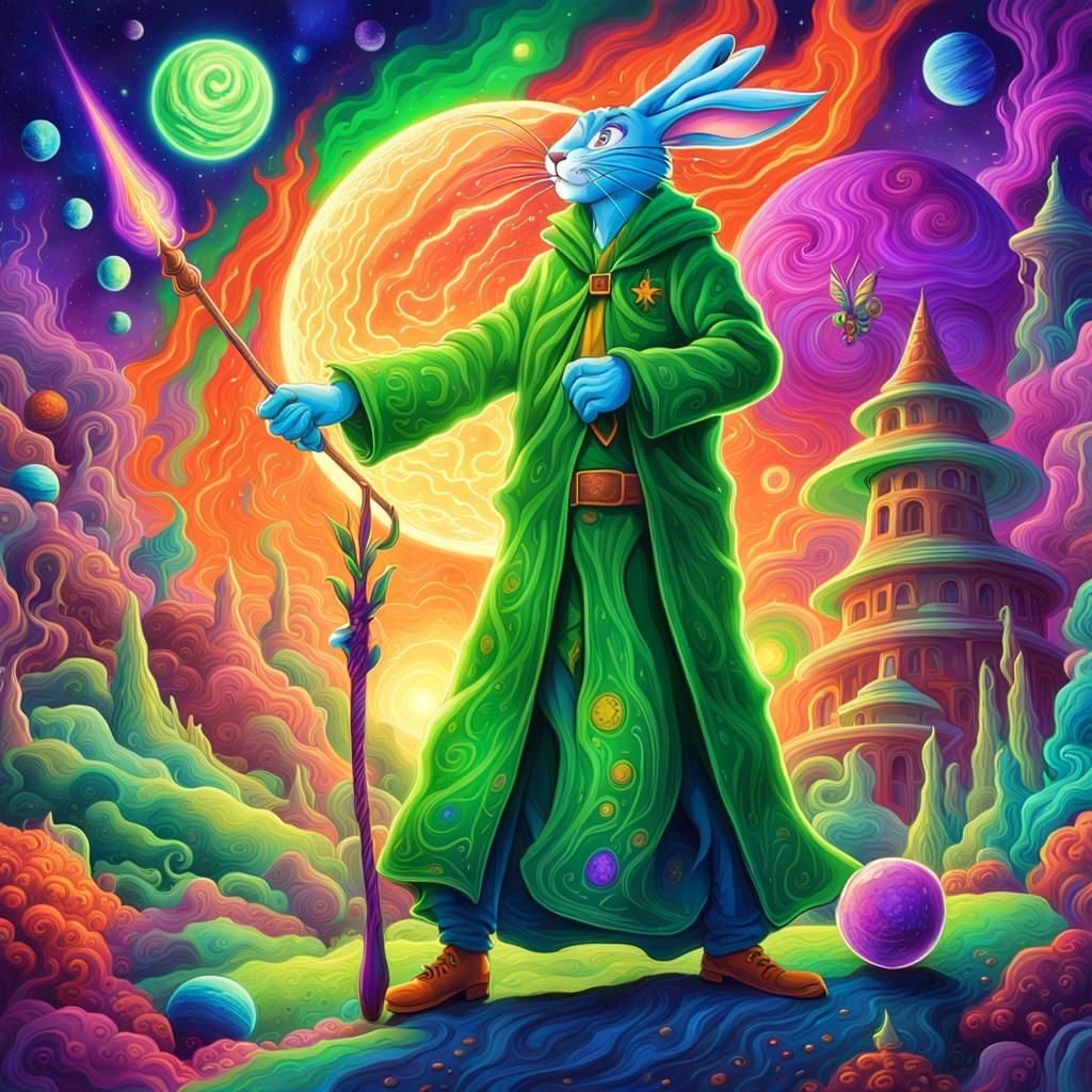 Mystical Bugs Bunny Wizard in Cosmic Landscape