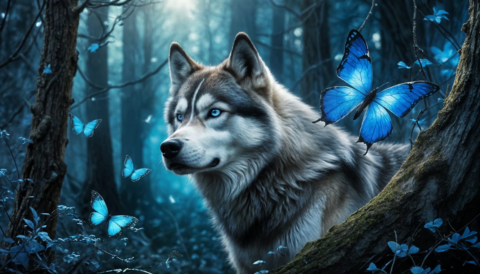 Mystical Wolf with Blue Butterflies in Magical Forest