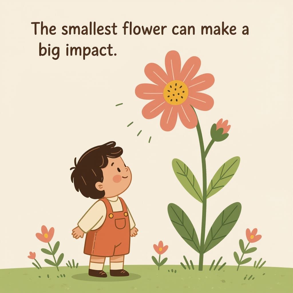 Child Gazes Up at Tall Flower in Minimalist Illustration
