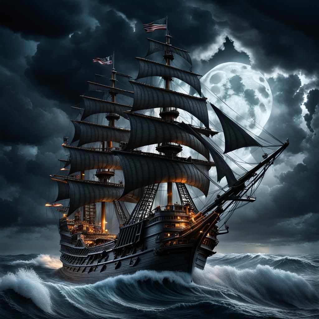 Photorealistic Corsair Pirate Ship at Night