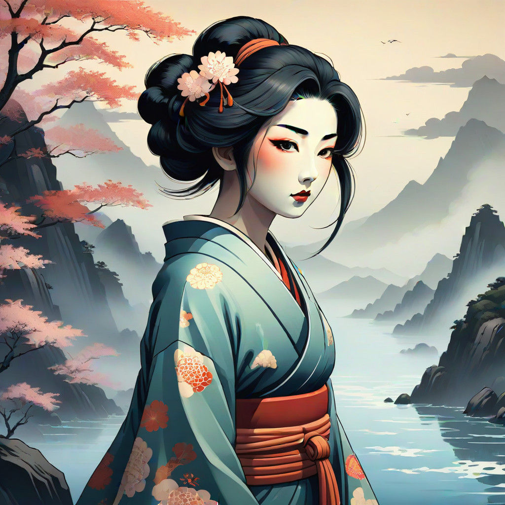 Serene Ukiyo-e Geisha on Rocky Shore