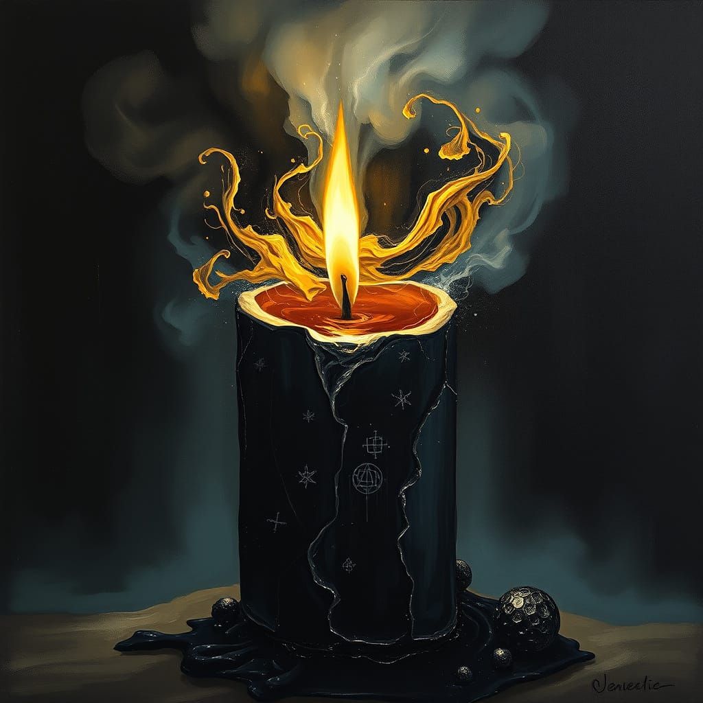 Black Candle Flame in Cosmic Darkness, Abstract Expressionis...