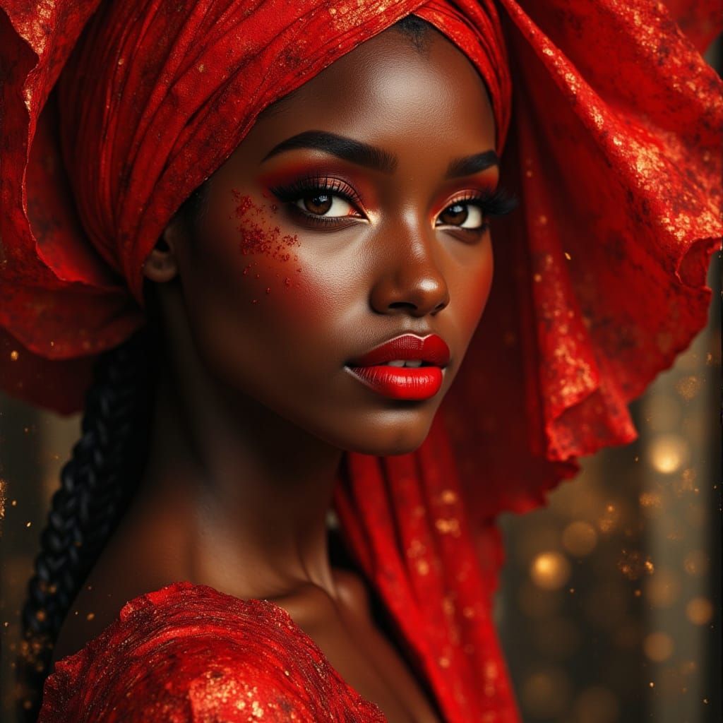 Elegant African Goddess in Red Dress, Hyperrealistic Portrai...