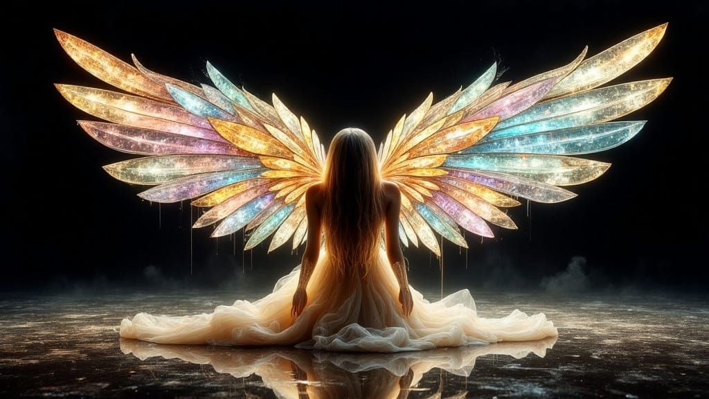 Fantasy Angel Bowing with Stained-Glass Wings
