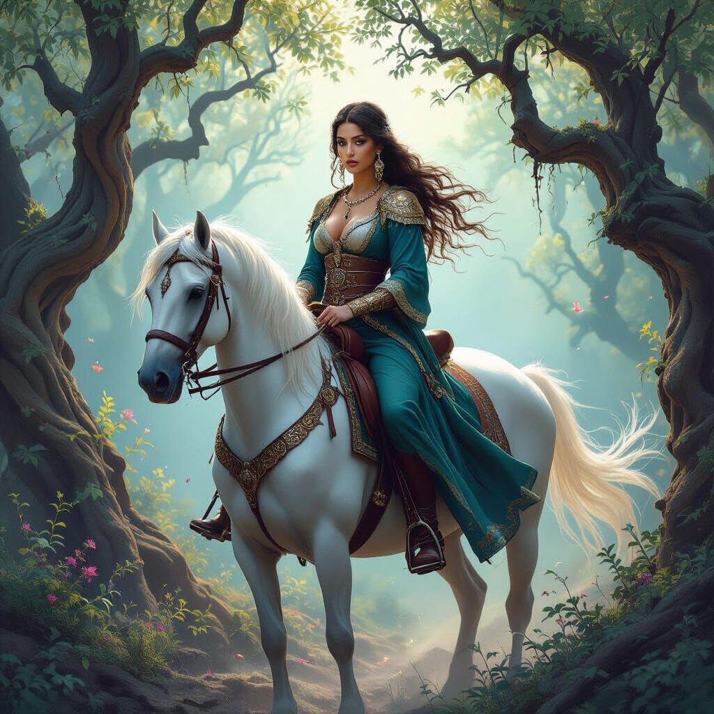 Ottoman Warrior Woman on White Horse in Mystical Forest