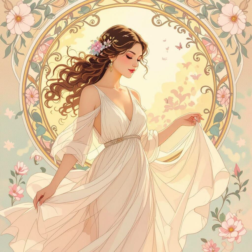 Serene Woman in Flowy Dress, Art Nouveau Style