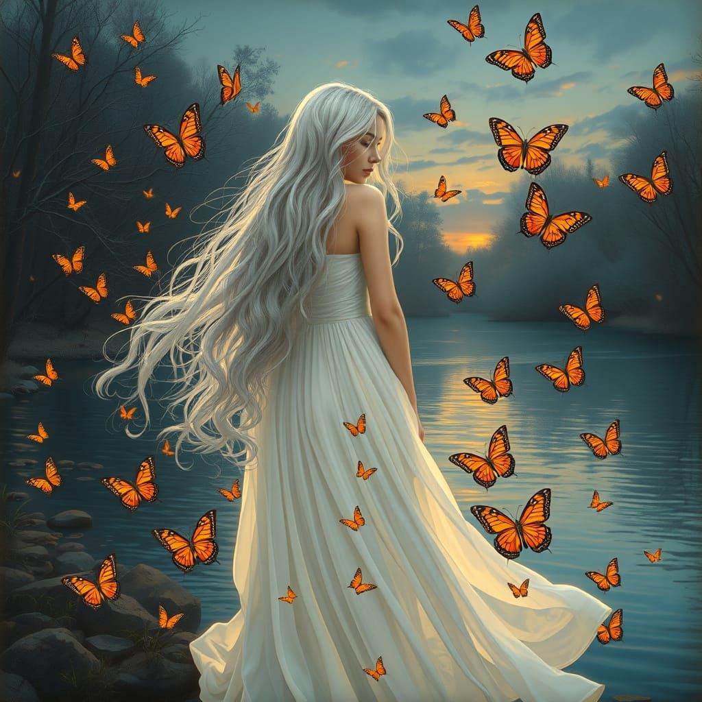 Surreal Woman with Butterflies in Art Nouveau Style