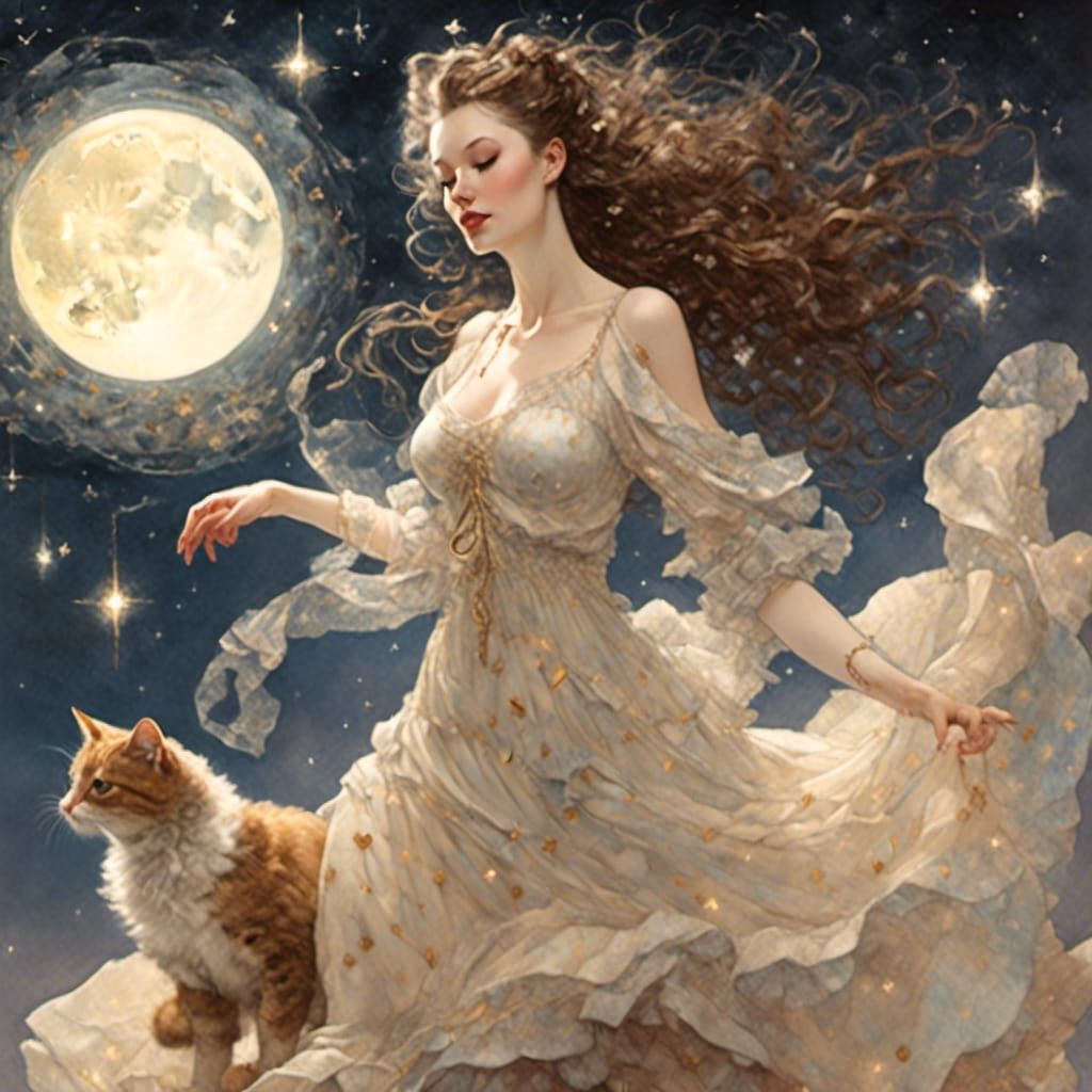 Woman Dancing with Cat in Moonlight