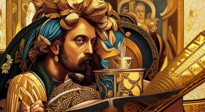 Pharaoh Tutankhamun Observes Wine Making, Art Nouveau Style