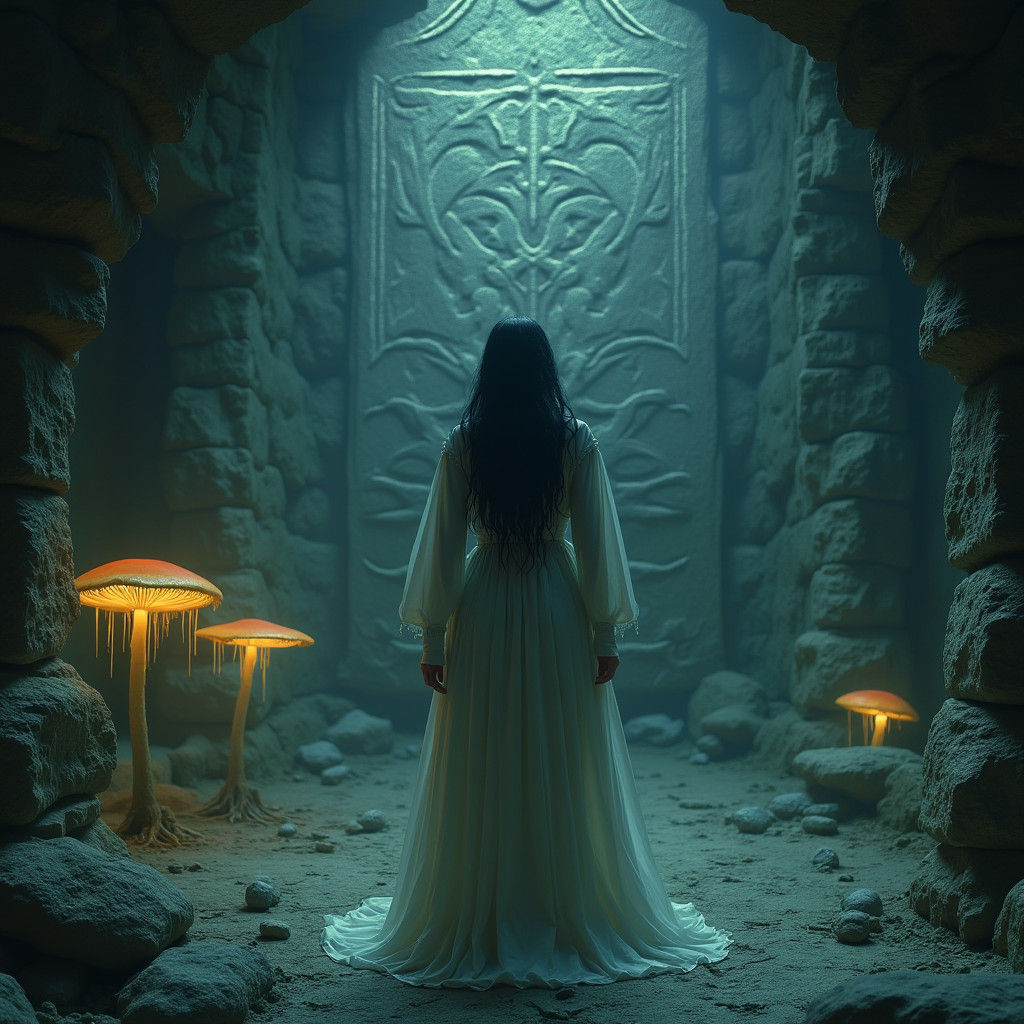 Eerie Woman in Chamber with Mystical Symbols