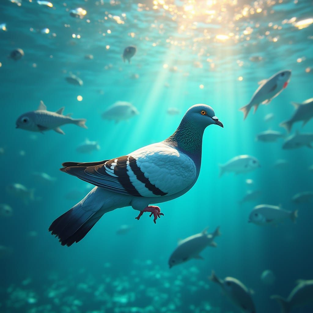 Pigeon Dives into Turquoise Ocean, Surrounded by Iridescent ...