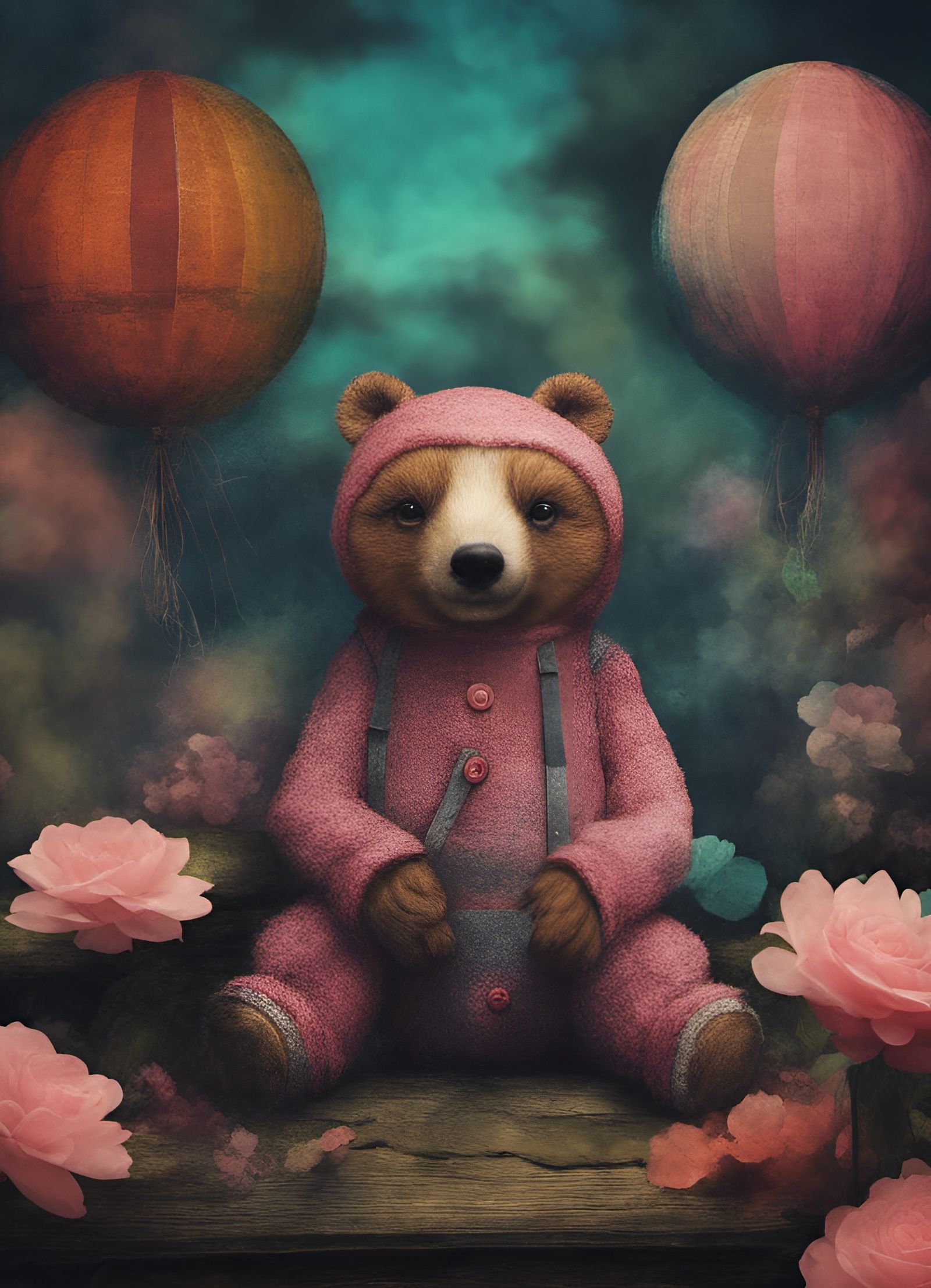 Detailed Patchwork Bear Collage with Moonlit Eyes