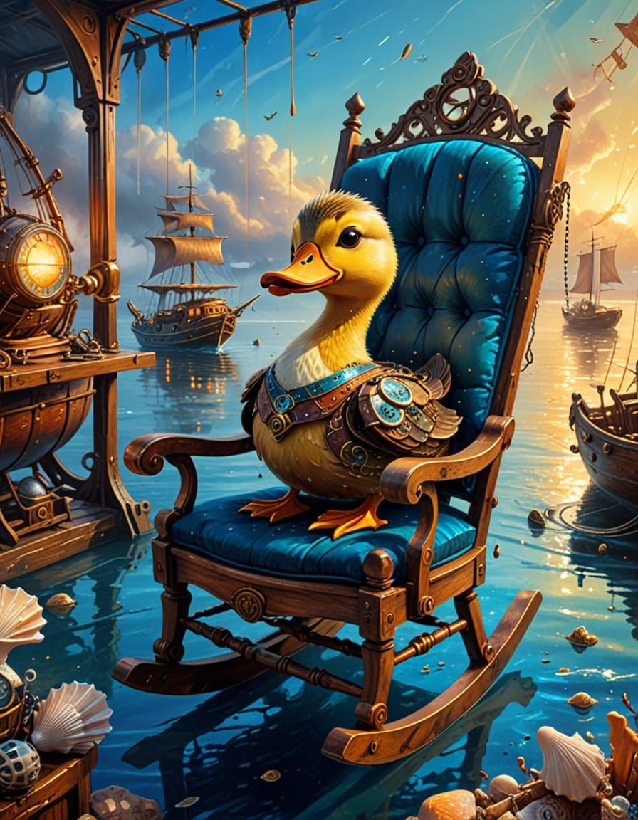 Steampunk Duck in Rocking Chair Oil Painting