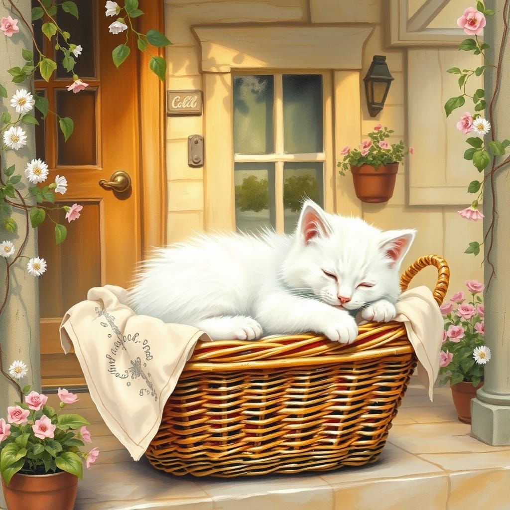 Surreal Cottage Scene with Sleeping Kitten