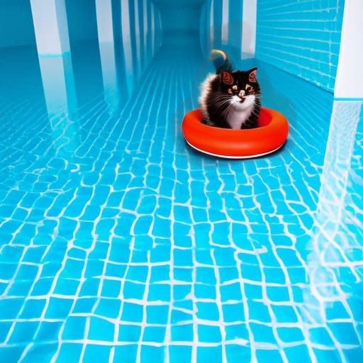 Cute Fluffy Cat on a Rubber Ring