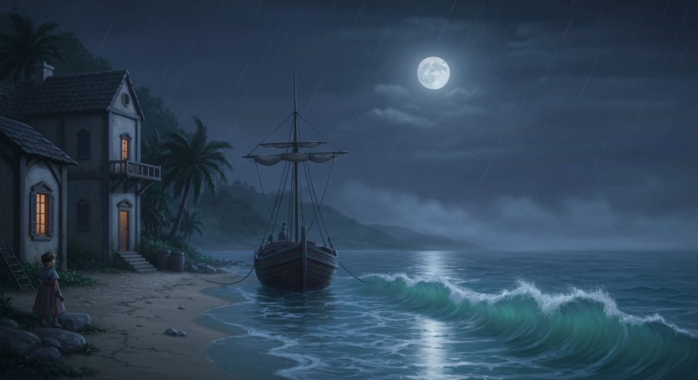 Chibi Village Boat Docked During Dark Stormy Night