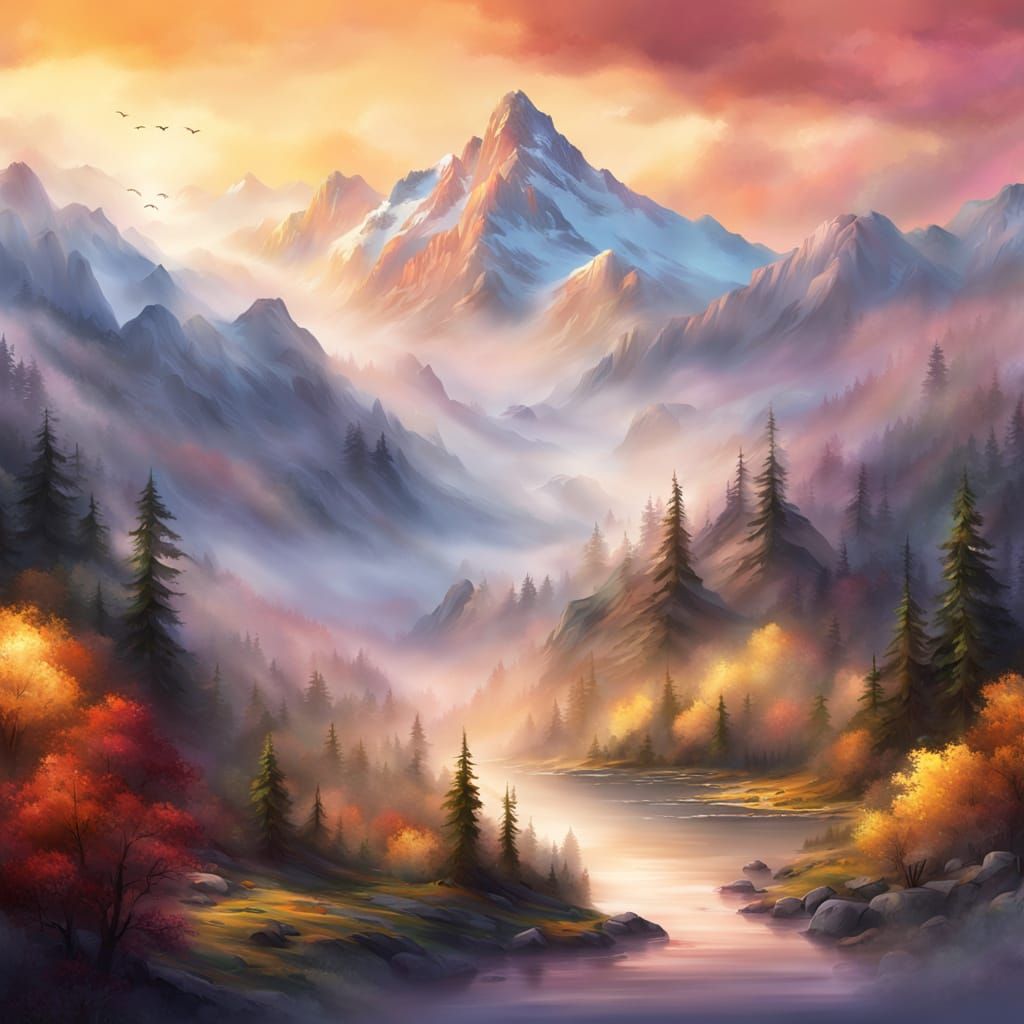 Misty Mountain Landscape Mural in Digital Art Style