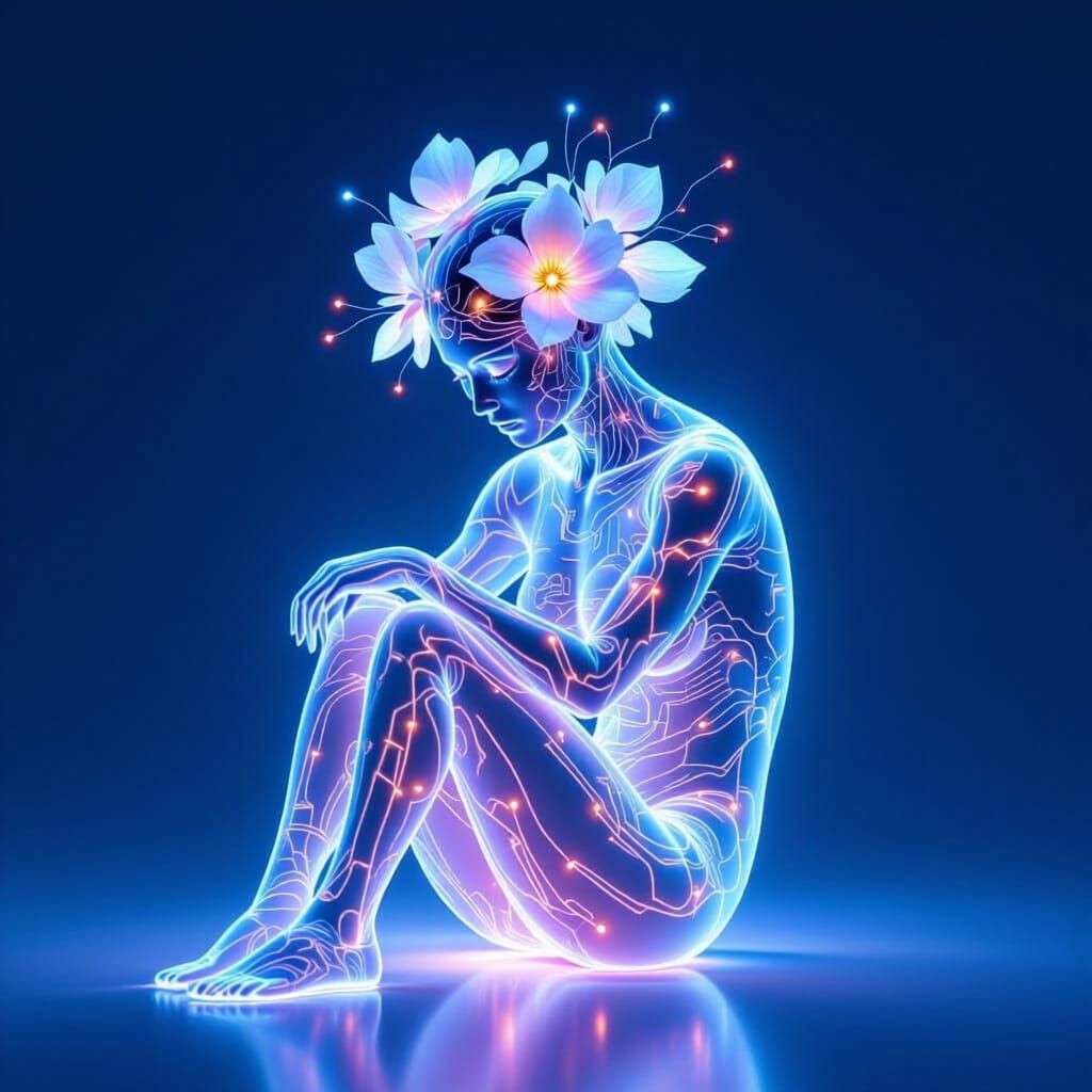 Glowing Figure with Petal Head in Surreal Style