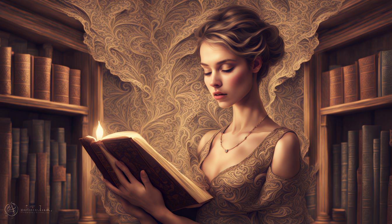 Woman with Book Head Reads in Library: Digital Art