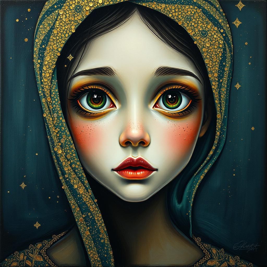 Wide-Eyed Girl: Enamel, Glitter, and Acrylic Painting