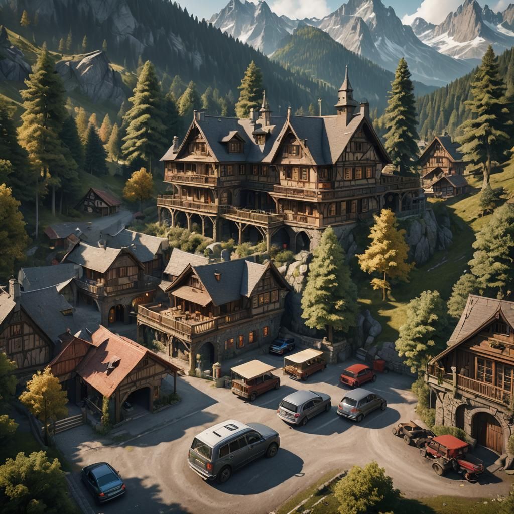 German Inn with Mountain View, Matte Painting