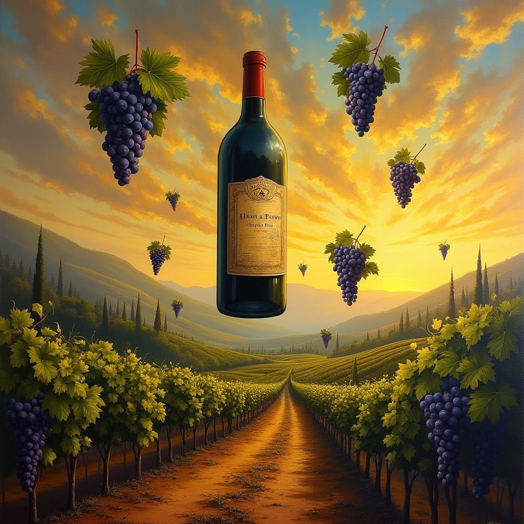 Surreal Wine Bottle Sails Above Vineyard in Magritte-Inspire...