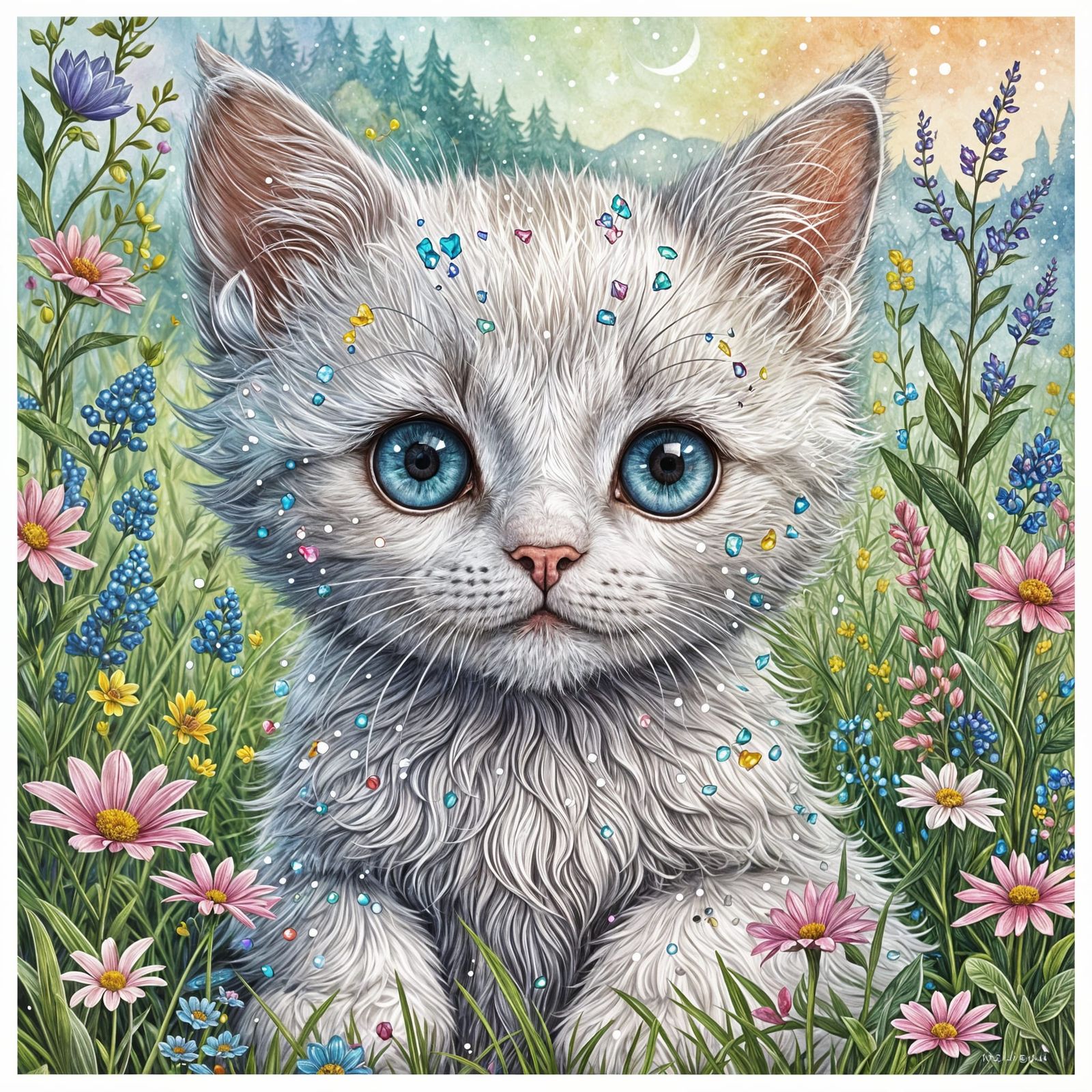 Crystal Kitten Line Art for Colouring Book