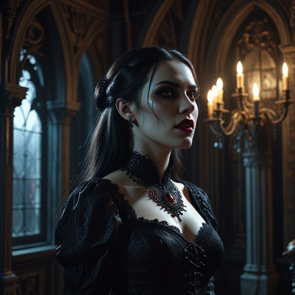 Gothic Vampiress in Dark Fantasy Mansion