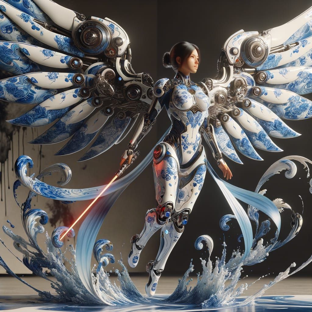 Surreal Hispanic Woman Soars with Cyberpunk Lightsaber and P...