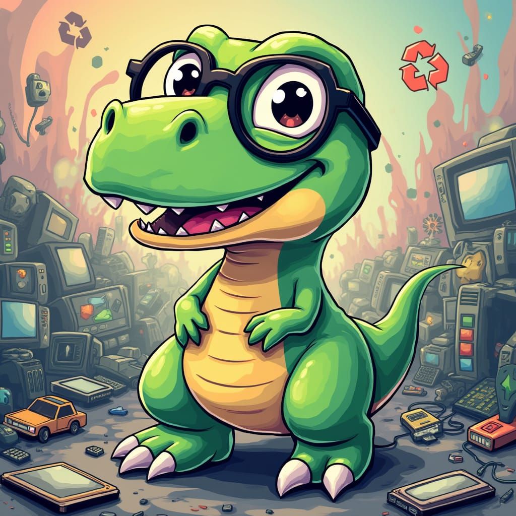 Friendly T-Rex Recycles Electronics in Anime Style