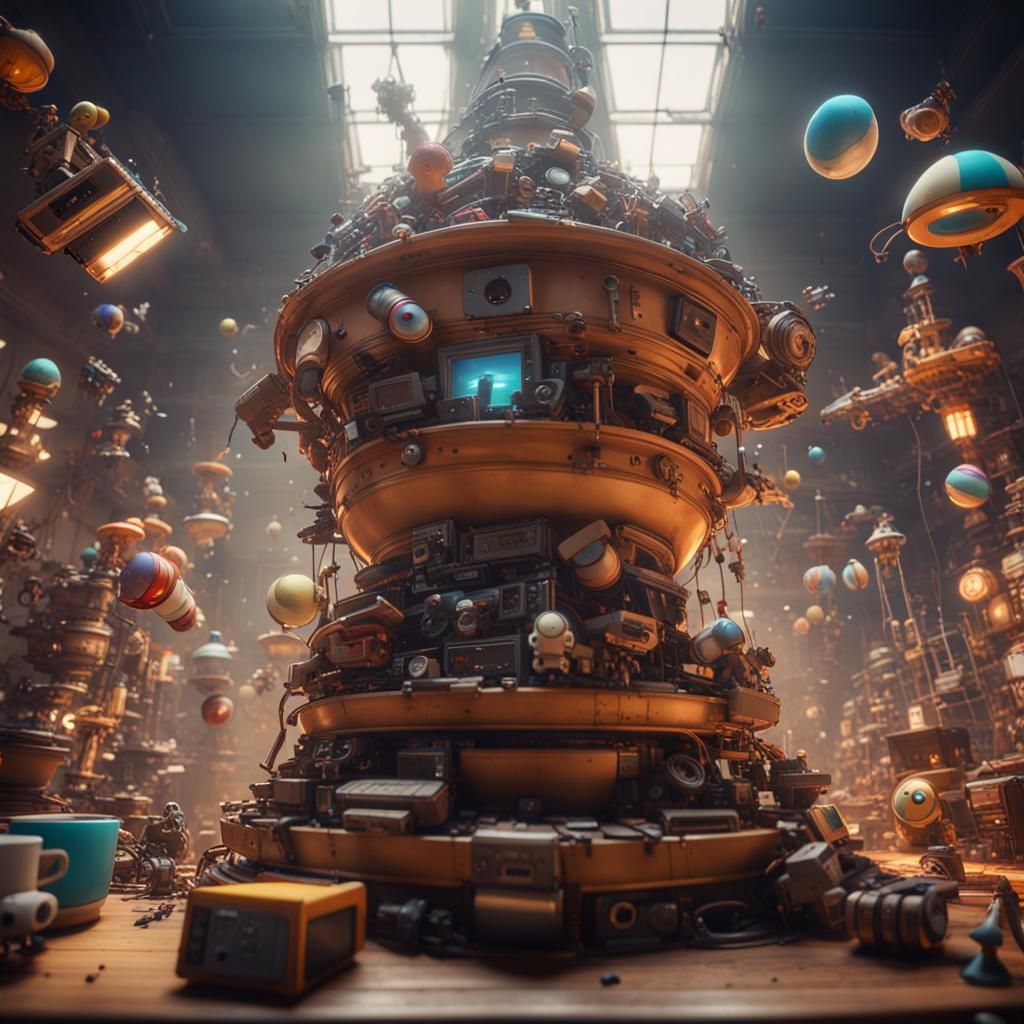 Funnel of Toys Above Computer in 3D Cinematic Style