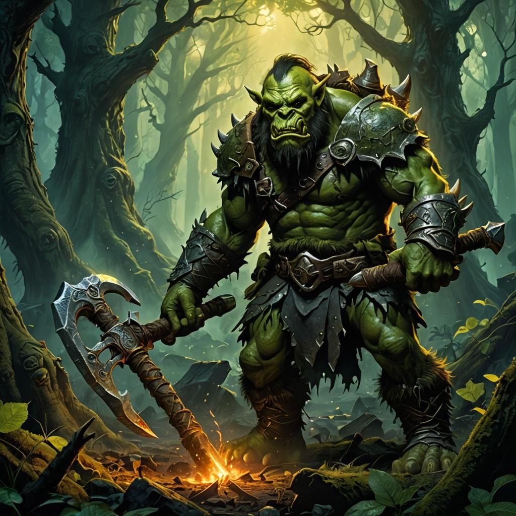 Green Orc Warrior in Mystical Forest