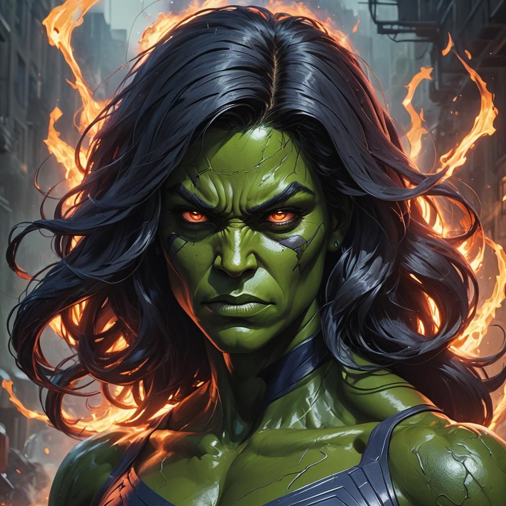 Fiery Demonic Shadow She-Hulk Portrait