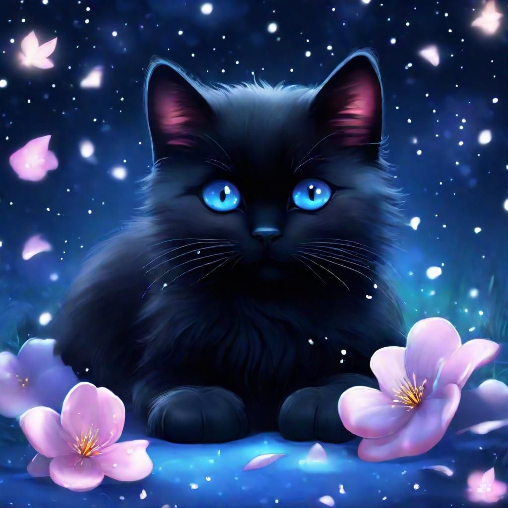 Sad Black Cat with Blue Eyes in Magical Garden