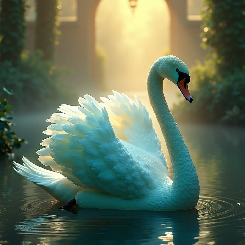 Surreal Swan in Iridescent Blues and Emerald Greens